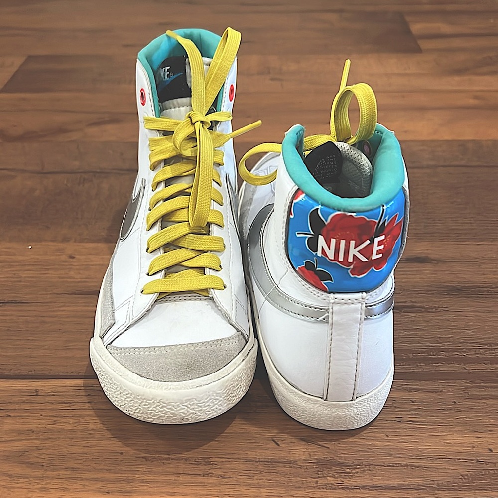 Nike Blazer mid 77 high tops, Big Kids, 4.5Y, Big Floral, Bright Yellow, Aqua